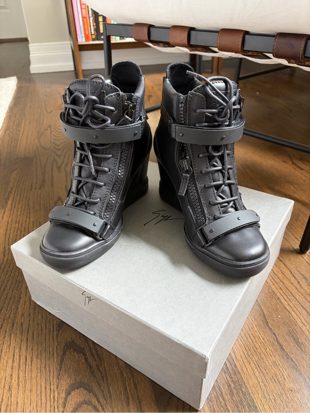 Giuseppe Zanotti Black Leather Lorenz Wedge Sneakers